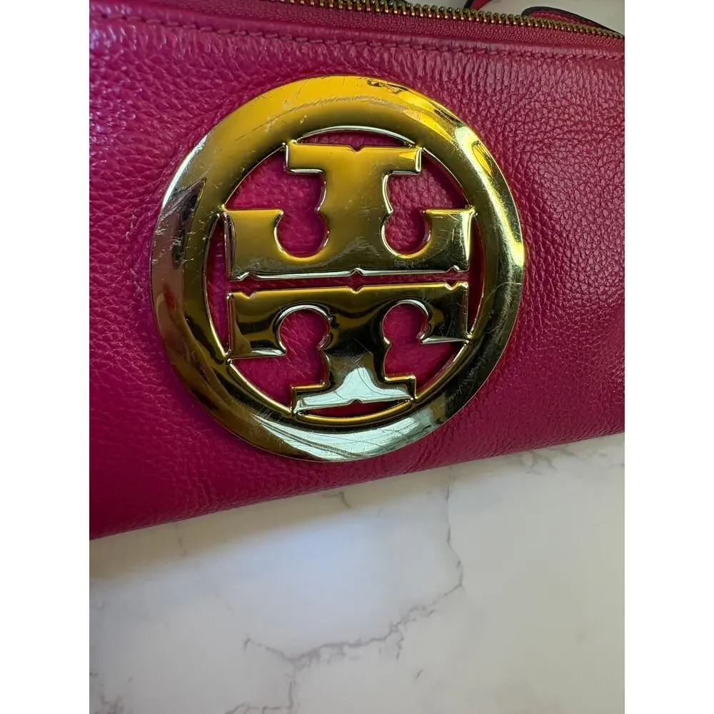TORY BURCH Amanda Foldover Clutch Crossbody w/Pink Leather w/Golden Accents, EUC